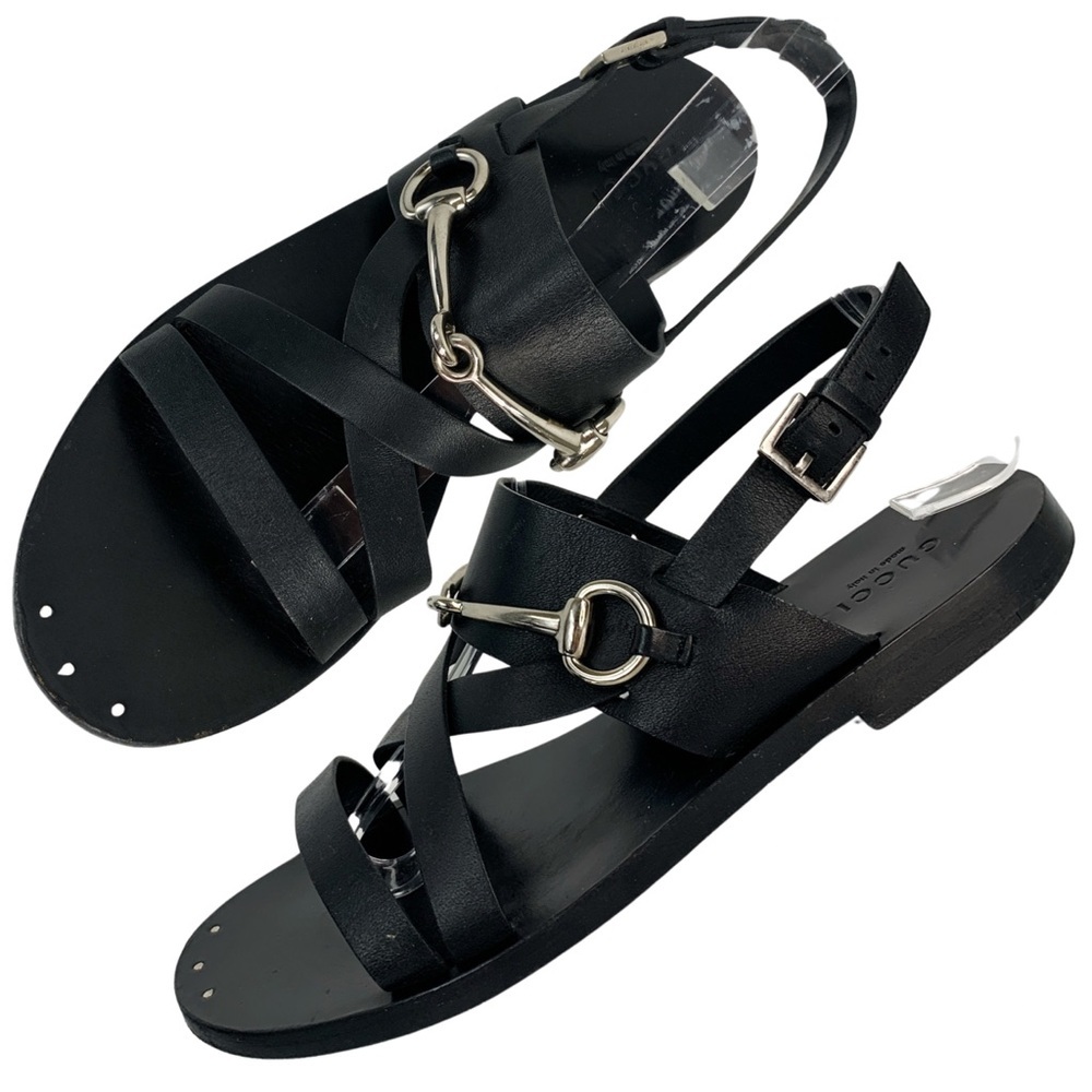 GUCCI Juliette Black Leather Horsebit Open Toe Flat Strappy Summer Sandals 38.5